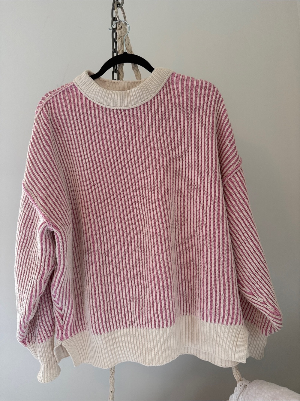 aerie Pink & Cream Striped Ribbed Crewneck Sweater